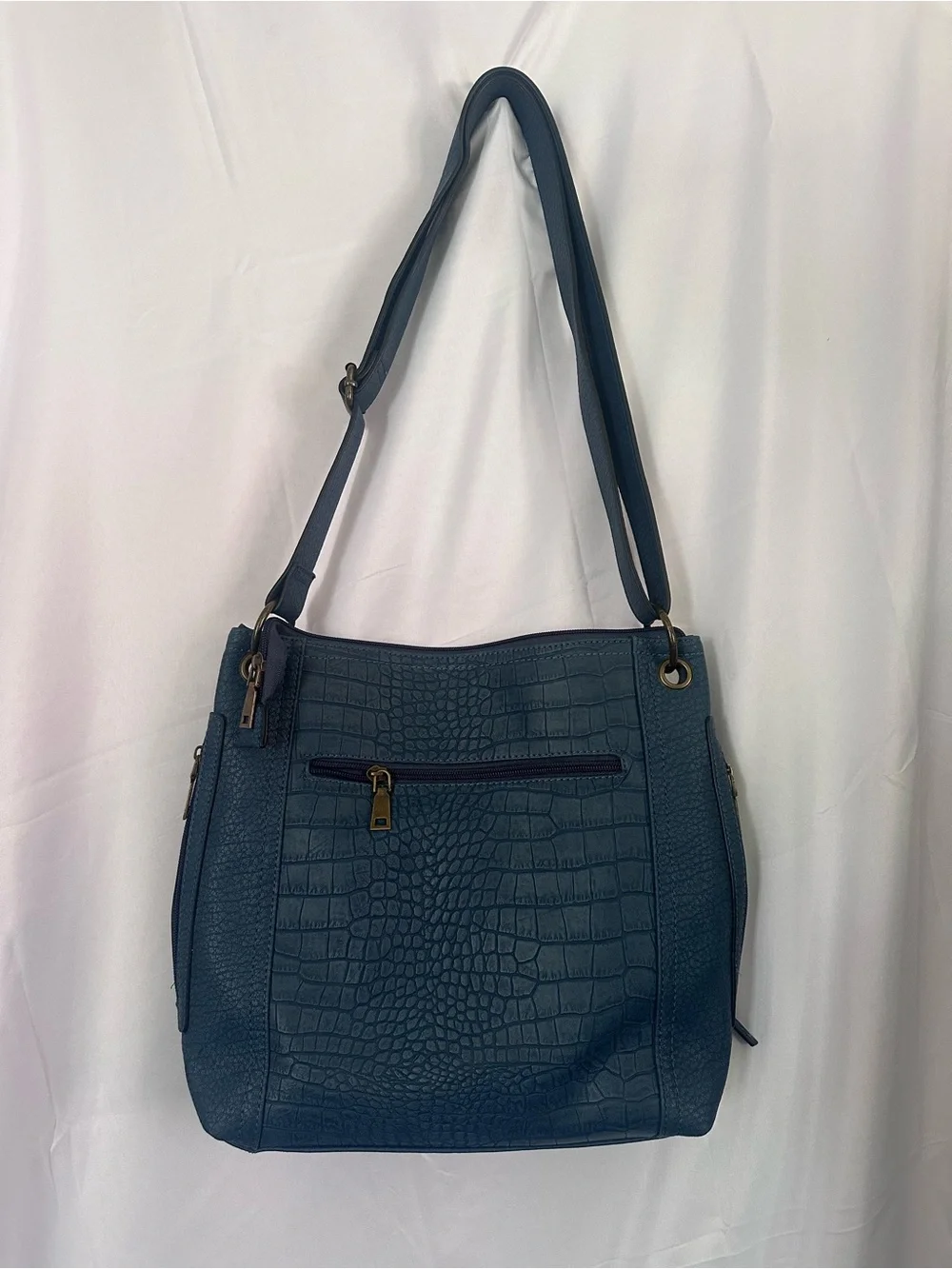 Bueno Navy Croc-Texture Shoulder Bag